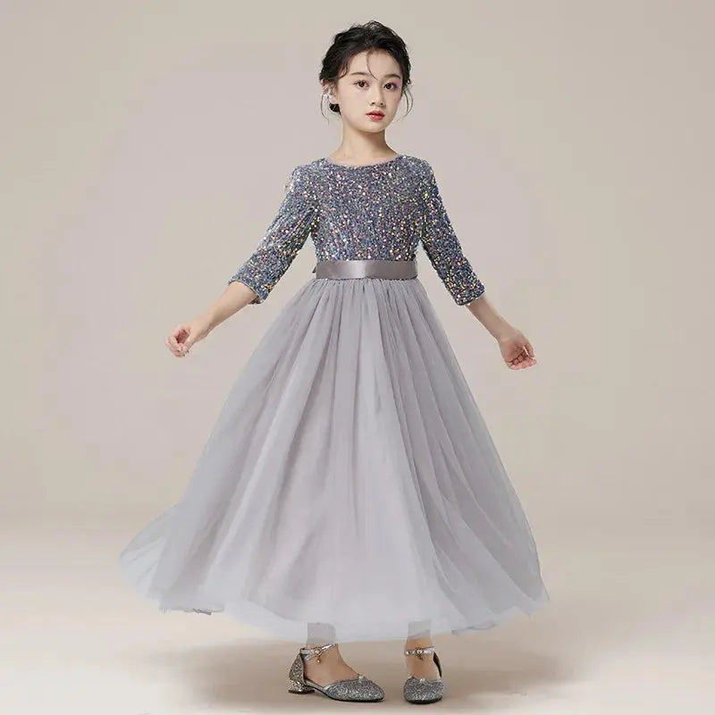Girls Princess Breathable Shining Evening Dress Children Birthday Photography Wear Kids Piano Party Prom Performance Costume Natalia Home Fashion Gary-Long-Dress-110-18-21KG100-110CM Natalia Home Fashion