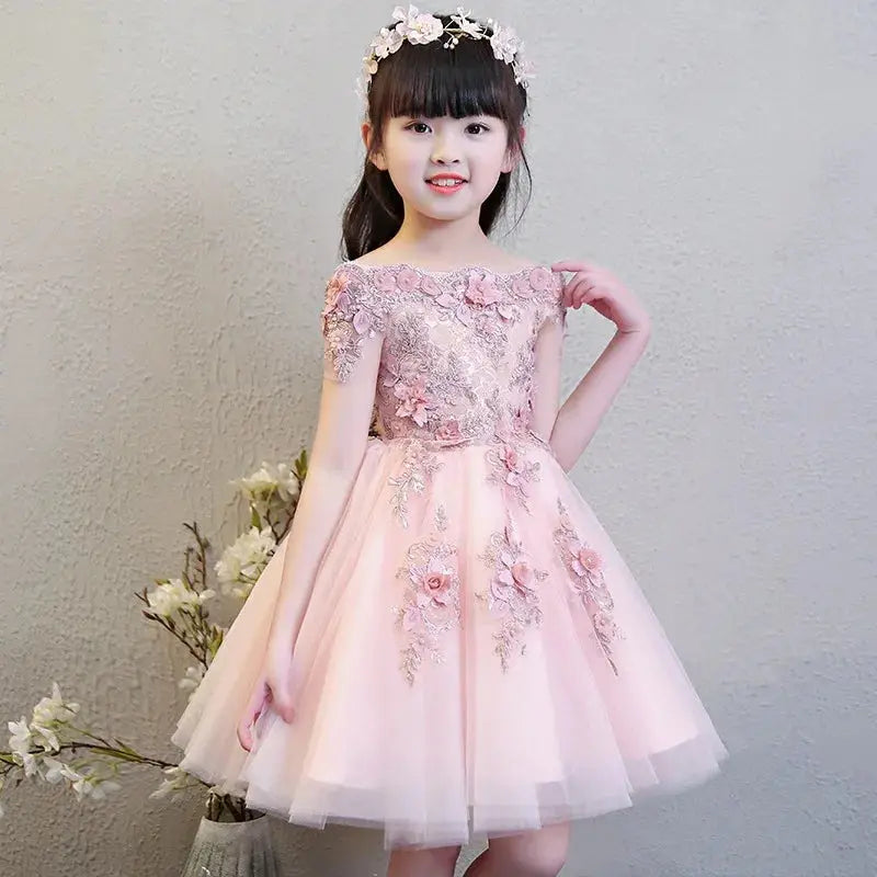 Glitz Flower Girl Dress Shoulder less Wedding Dress Appliques Party Princess Birthday Dress First Communion Gown for Girls Natalia Home Fashion Glitz Flower Girl Dress Pink-short-12T Natalia Home Fashion