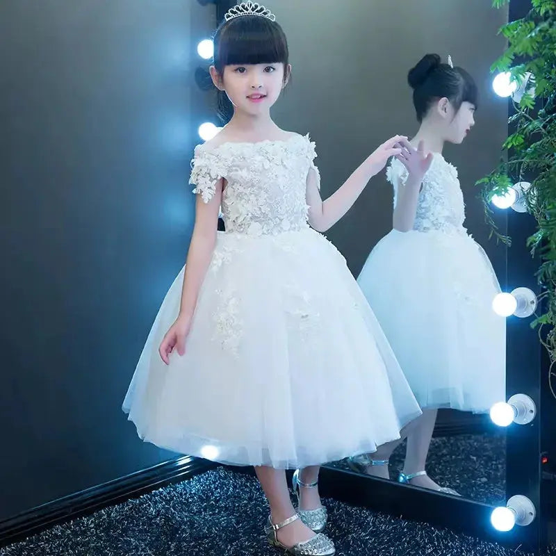 Glitz Flower Girl Dress Shoulder less Wedding Dress Appliques Party Princess Birthday Dress First Communion Gown for Girls Natalia Home Fashion Glitz Flower Girl Dress White-short-12T Natalia Home Fashion