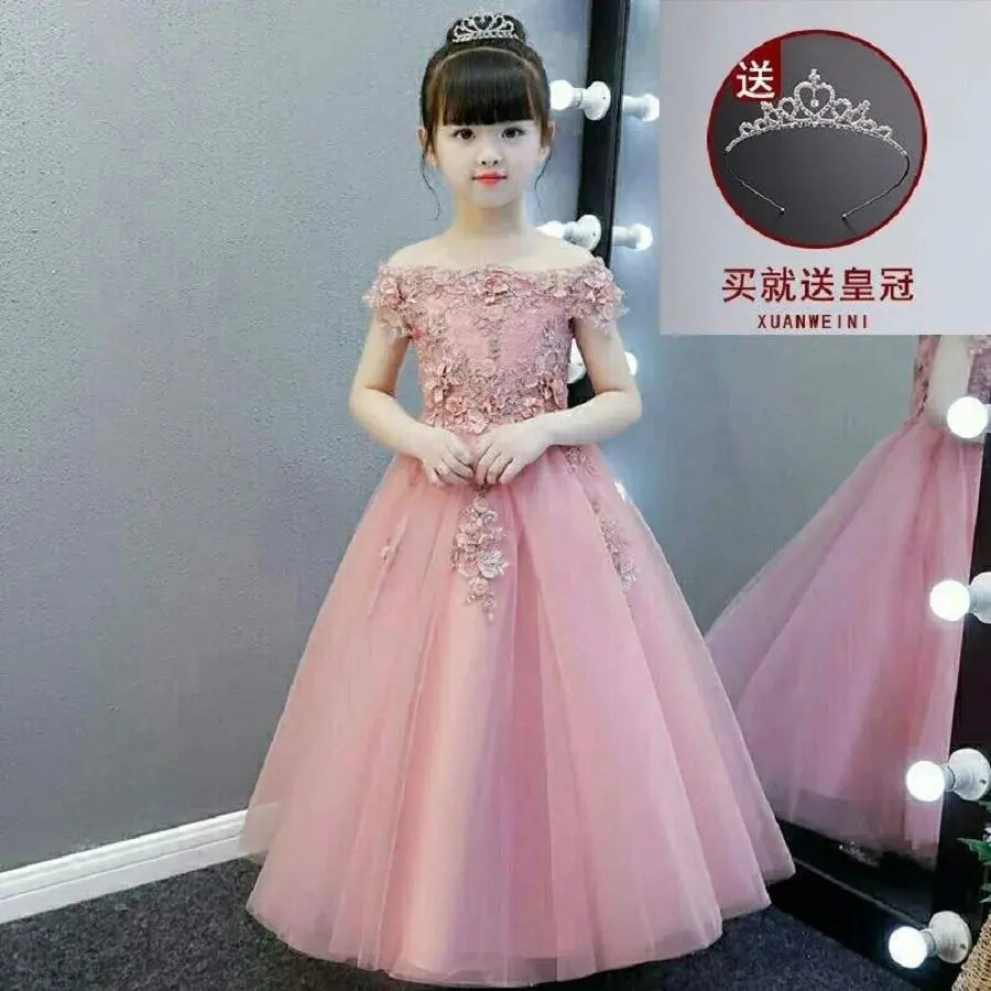 Glitz Flower Girl Dress Shoulder less Wedding Dress Appliques Party Princess Birthday Dress First Communion Gown for Girls Natalia Home Fashion Glitz Flower Girl Dress Long-taupe-12T Natalia Home Fashion