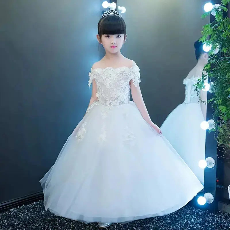 Glitz Flower Girl Dress Shoulder less Wedding Dress Appliques Party Princess Birthday Dress First Communion Gown for Girls Natalia Home Fashion Glitz Flower Girl Dress Long-white-12T Natalia Home Fashion