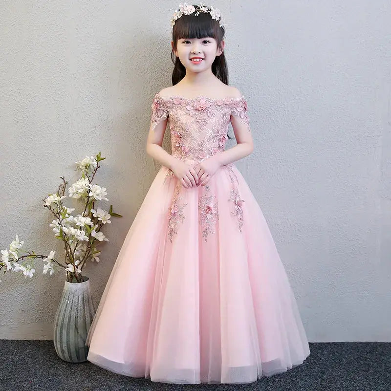 Glitz Flower Girl Dress Shoulder less Wedding Dress Appliques Party Princess Birthday Dress First Communion Gown for Girls Natalia Home Fashion Glitz Flower Girl Dress Long-pink-12T Natalia Home Fashion