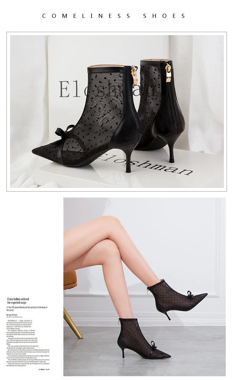 Fashion Women Ankle Boots Pointed Toe Short Pointed Toe Bow Design Thin Low Heels Back Zipper Fashion Boots Air Mesh Boots