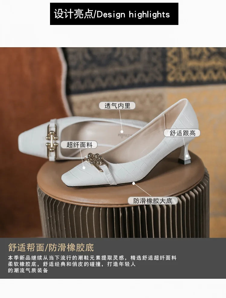 Luxury Women White Low Heels Sandals Designer Kitten High Heels Stone Pattern Vintage Office Ladies Party Shoes