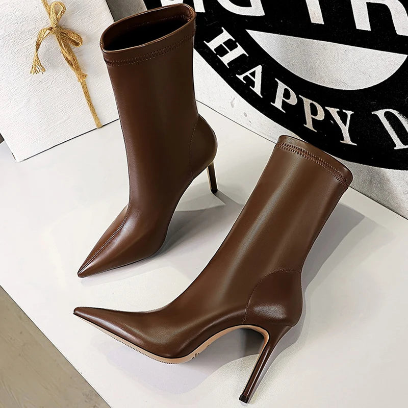 Leather Boots Women Ankle Boots Autumn Winter Boots Women High Heels Short Boots Ladies Booties