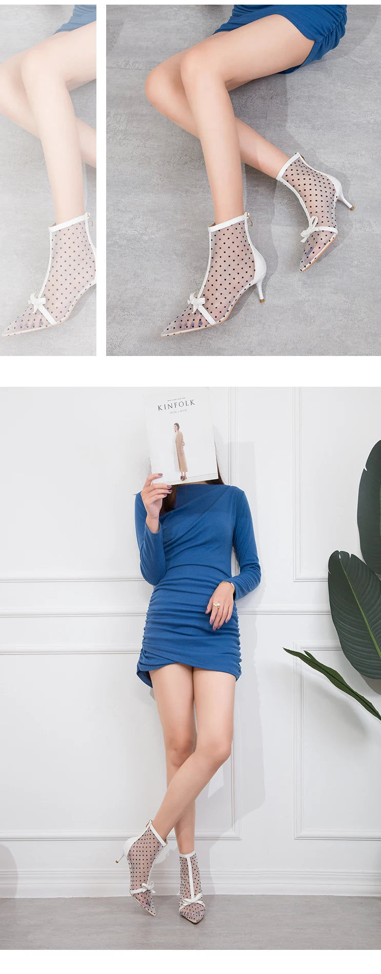 Fashion Women Ankle Boots Pointed Toe Short Pointed Toe Bow Design Thin Low Heels Back Zipper Fashion Boots Air Mesh Boots