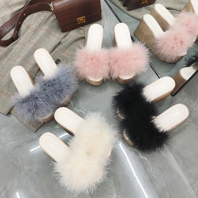 Heels Slides Women's Shoes Woman Slippers Faux Fur Slides Wedge Platform Women Shoes Beach Sandals