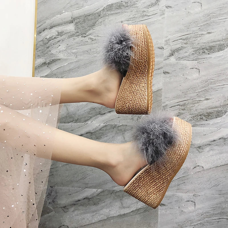 Heels Slides Women's Shoes Woman Slippers Faux Fur Slides Wedge Platform Women Shoes Beach Sandals