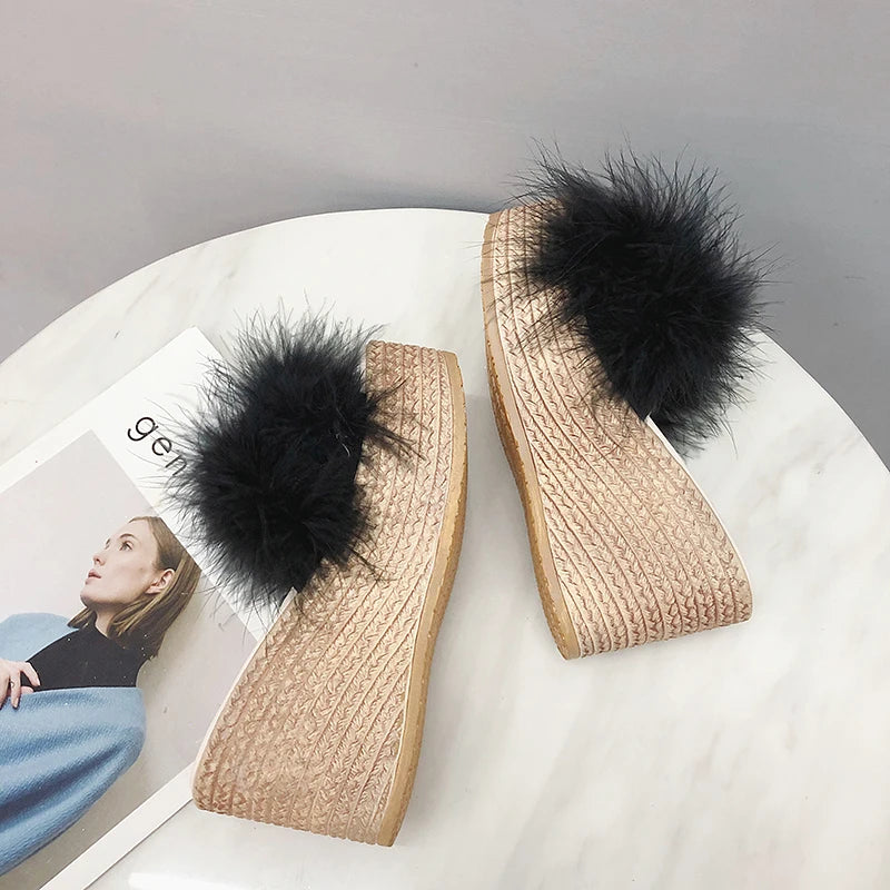 Heels Slides Women's Shoes Woman Slippers Faux Fur Slides Wedge Platform Women Shoes Beach Sandals