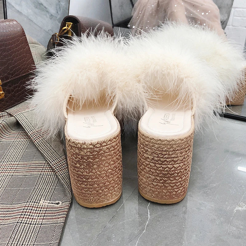 Heels Slides Women's Shoes Woman Slippers Faux Fur Slides Wedge Platform Women Shoes Beach Sandals