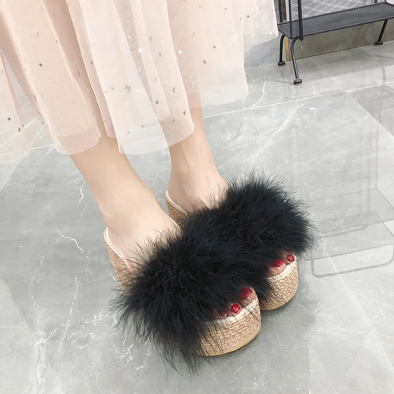 Heels Slides Women's Shoes Woman Slippers Faux Fur Slides Wedge Platform Women Shoes Beach Sandals