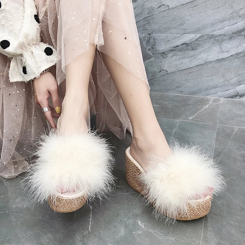 Heels Slides Women's Shoes Woman Slippers Faux Fur Slides Wedge Platform Women Shoes Beach Sandals