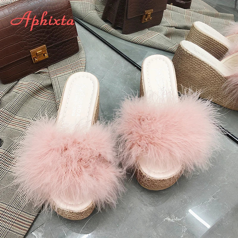 Heels Slides Women's Shoes Woman Slippers Faux Fur Slides Wedge Platform Women Shoes Beach Sandals