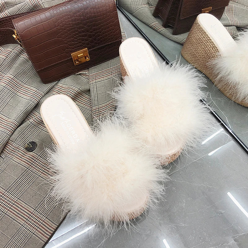 Heels Slides Women's Shoes Woman Slippers Faux Fur Slides Wedge Platform Women Shoes Beach Sandals