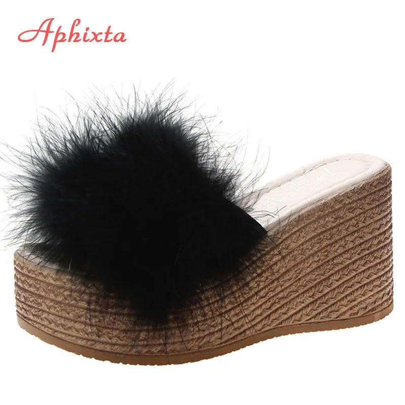 Heels Slides Women's Shoes Woman Slippers Faux Fur Slides Wedge Platform Women Shoes Beach Sandals