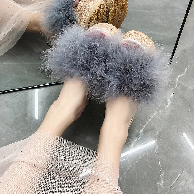 Heels Slides Women's Shoes Woman Slippers Faux Fur Slides Wedge Platform Women Shoes Beach Sandals
