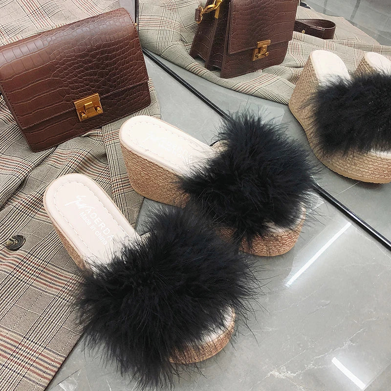 Heels Slides Women's Shoes Woman Slippers Faux Fur Slides Wedge Platform Women Shoes Beach Sandals