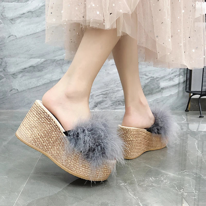 Heels Slides Women's Shoes Woman Slippers Faux Fur Slides Wedge Platform Women Shoes Beach Sandals
