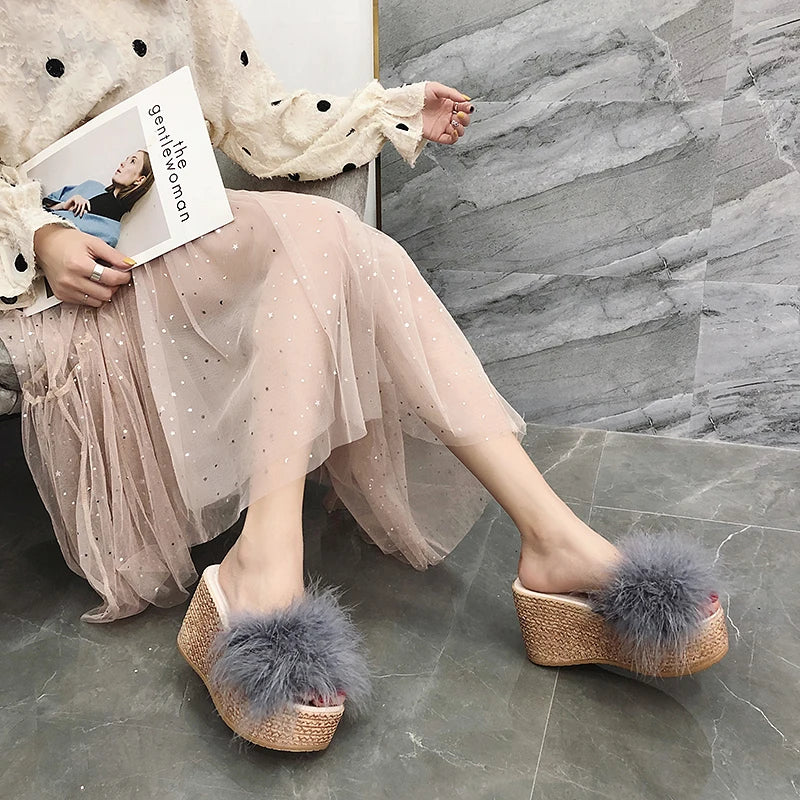 Heels Slides Women's Shoes Woman Slippers Faux Fur Slides Wedge Platform Women Shoes Beach Sandals