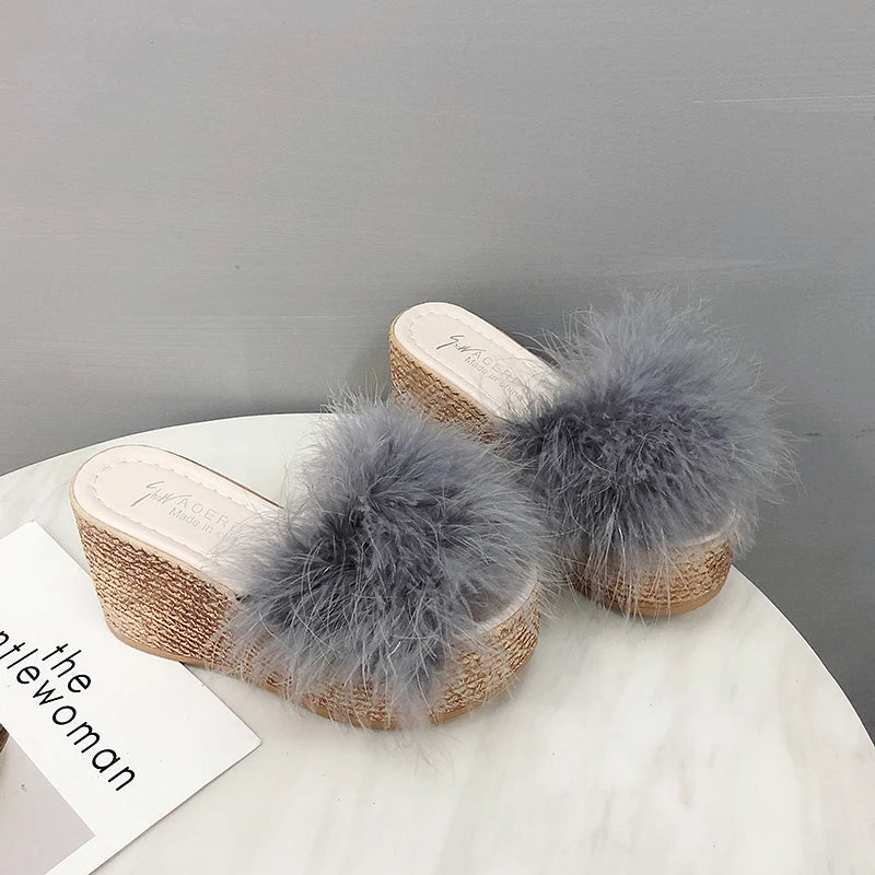 Heels Slides Women's Shoes Woman Slippers Faux Fur Slides Wedge Platform Women Shoes Beach Sandals