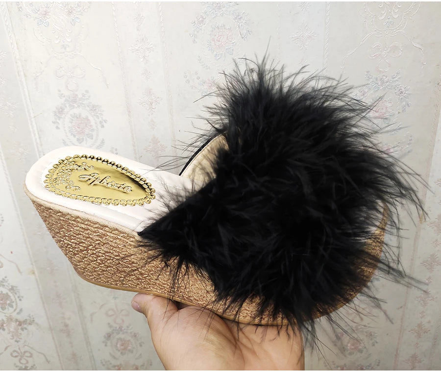 Heels Slides Women's Shoes Woman Slippers Faux Fur Slides Wedge Platform Women Shoes Beach Sandals