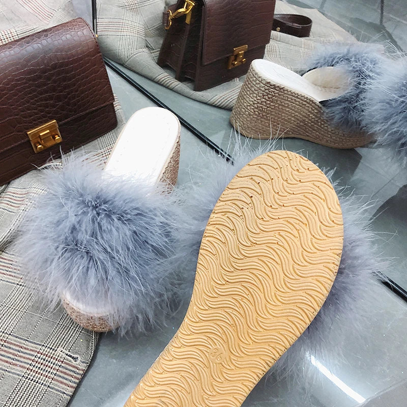 Heels Slides Women's Shoes Woman Slippers Faux Fur Slides Wedge Platform Women Shoes Beach Sandals