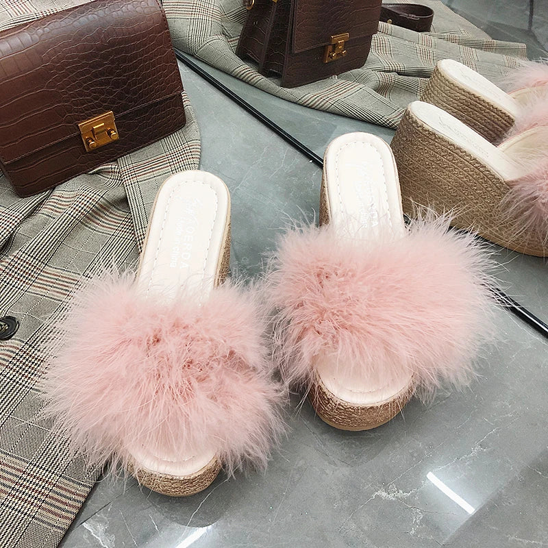 Heels Slides Women's Shoes Woman Slippers Faux Fur Slides Wedge Platform Women Shoes Beach Sandals