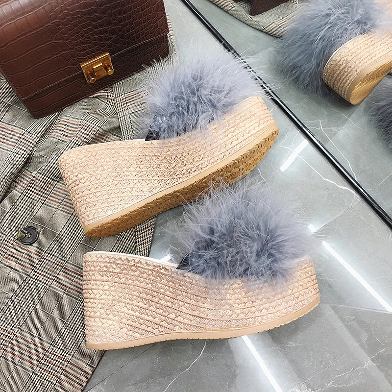 Heels Slides Women's Shoes Woman Slippers Faux Fur Slides Wedge Platform Women Shoes Beach Sandals