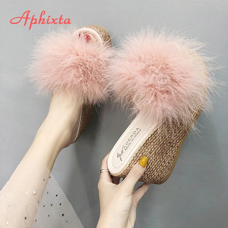 Heels Slides Women's Shoes Woman Slippers Faux Fur Slides Wedge Platform Women Shoes Beach Sandals