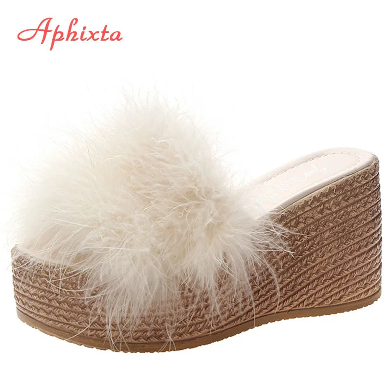 Heels Slides Women's Shoes Woman Slippers Faux Fur Slides Wedge Platform Women Shoes Beach Sandals