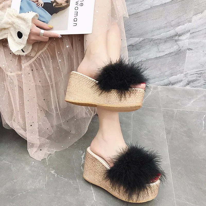 Heels Slides Women's Shoes Woman Slippers Faux Fur Slides Wedge Platform Women Shoes Beach Sandals