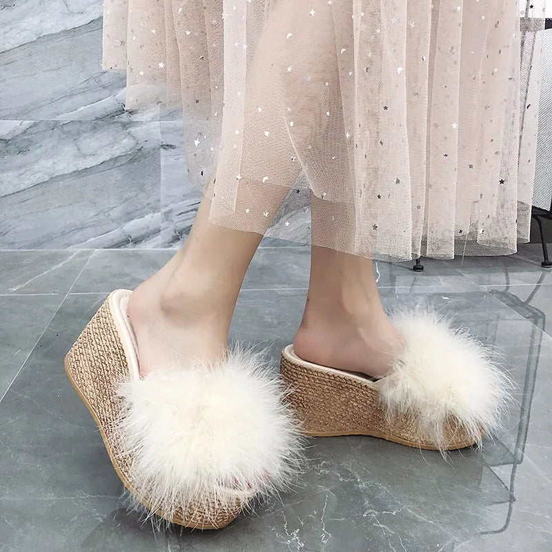 Heels Slides Women's Shoes Woman Slippers Faux Fur Slides Wedge Platform Women Shoes Beach Sandals