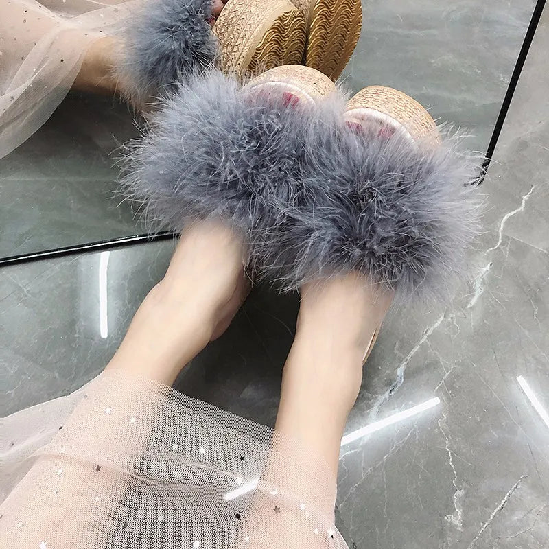 Heels Slides Women's Shoes Woman Slippers Faux Fur Slides Wedge Platform Women Shoes Beach Sandals