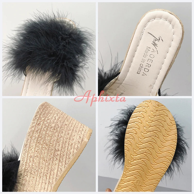 Heels Slides Women's Shoes Woman Slippers Faux Fur Slides Wedge Platform Women Shoes Beach Sandals