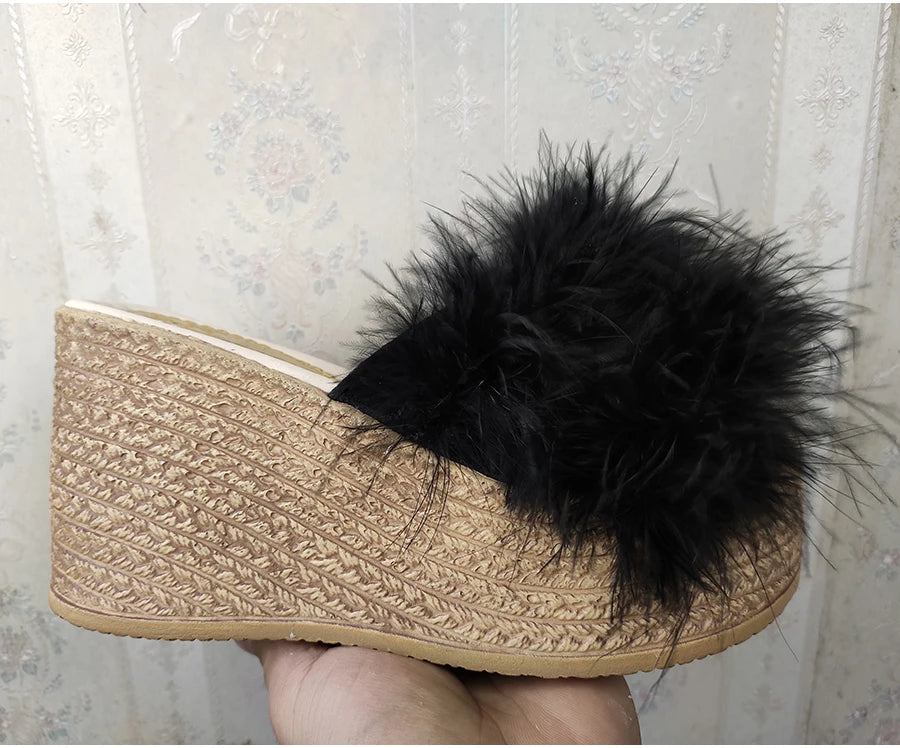 Heels Slides Women's Shoes Woman Slippers Faux Fur Slides Wedge Platform Women Shoes Beach Sandals