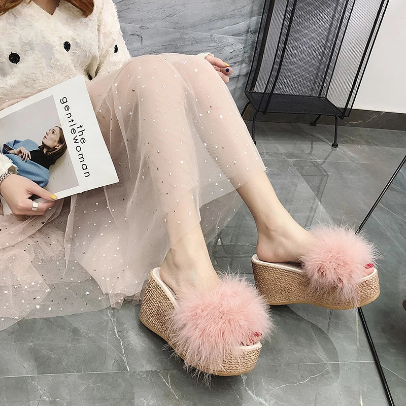 Heels Slides Women's Shoes Woman Slippers Faux Fur Slides Wedge Platform Women Shoes Beach Sandals