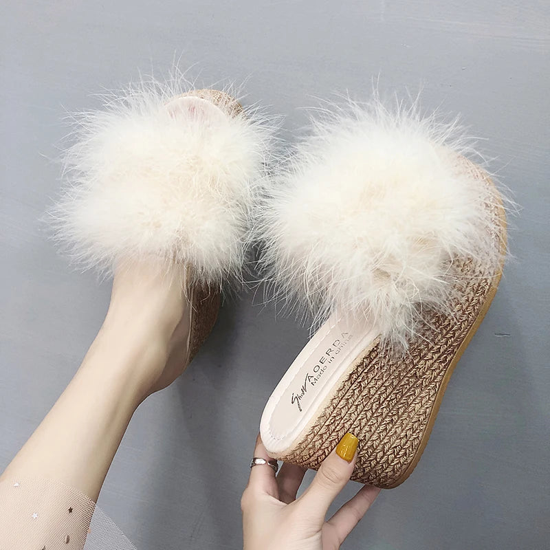 Heels Slides Women's Shoes Woman Slippers Faux Fur Slides Wedge Platform Women Shoes Beach Sandals