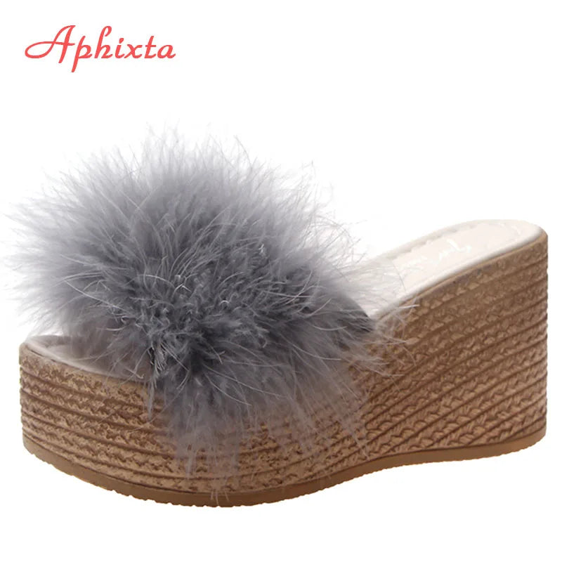 Heels Slides Women's Shoes Woman Slippers Faux Fur Slides Wedge Platform Women Shoes Beach Sandals