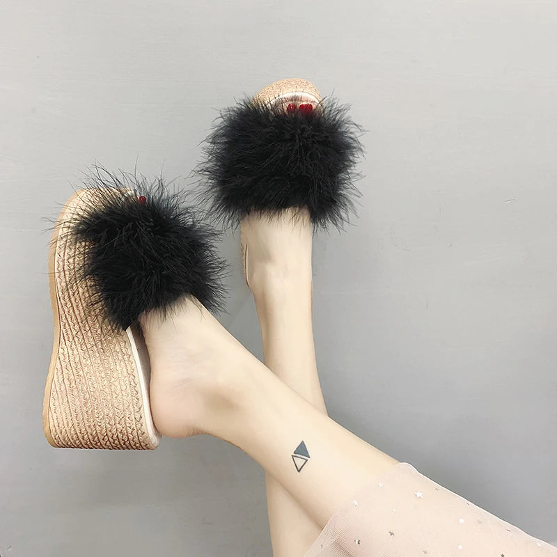 Heels Slides Women's Shoes Woman Slippers Faux Fur Slides Wedge Platform Women Shoes Beach Sandals