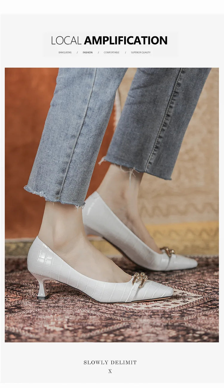 Luxury Women White Low Heels Sandals Designer Kitten High Heels Stone Pattern Vintage Office Ladies Party Shoes