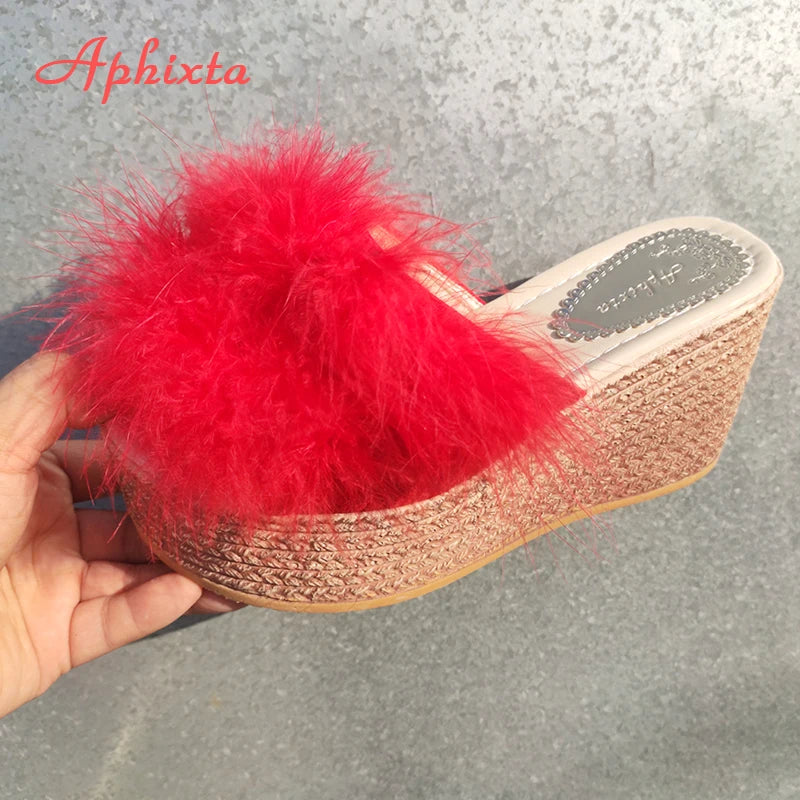 Heels Slides Women's Shoes Woman Slippers Faux Fur Slides Wedge Platform Women Shoes Beach Sandals