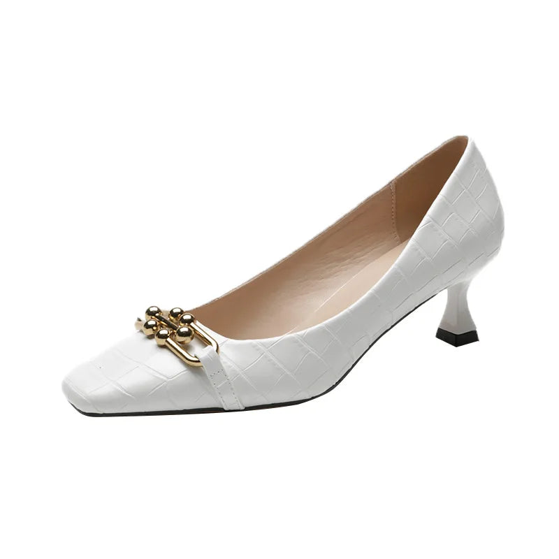 Luxury Women White Low Heels Sandals Designer Kitten High Heels Stone Pattern Vintage Office Ladies Party Shoes