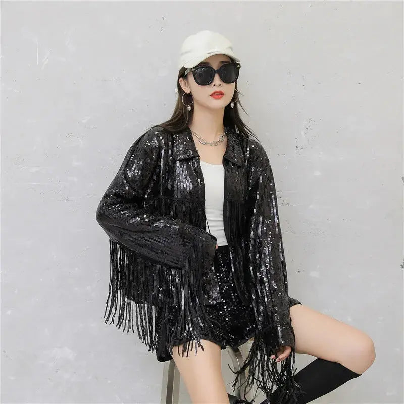 Hip Hop Jazz Dance Costume coat varsity cropped fringed custom Sequin blazer bomber Jacket for women My Store