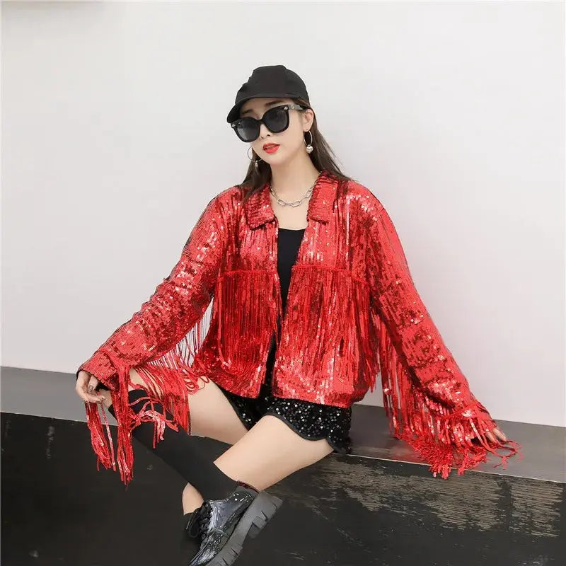 Hip Hop Jazz Dance Costume coat varsity cropped fringed custom Sequin blazer bomber Jacket for women My Store