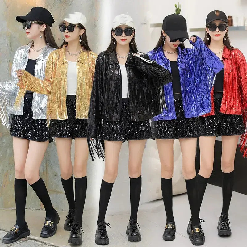 Hip Hop Jazz Dance Costume coat varsity cropped fringed custom Sequin blazer bomber Jacket for women My Store