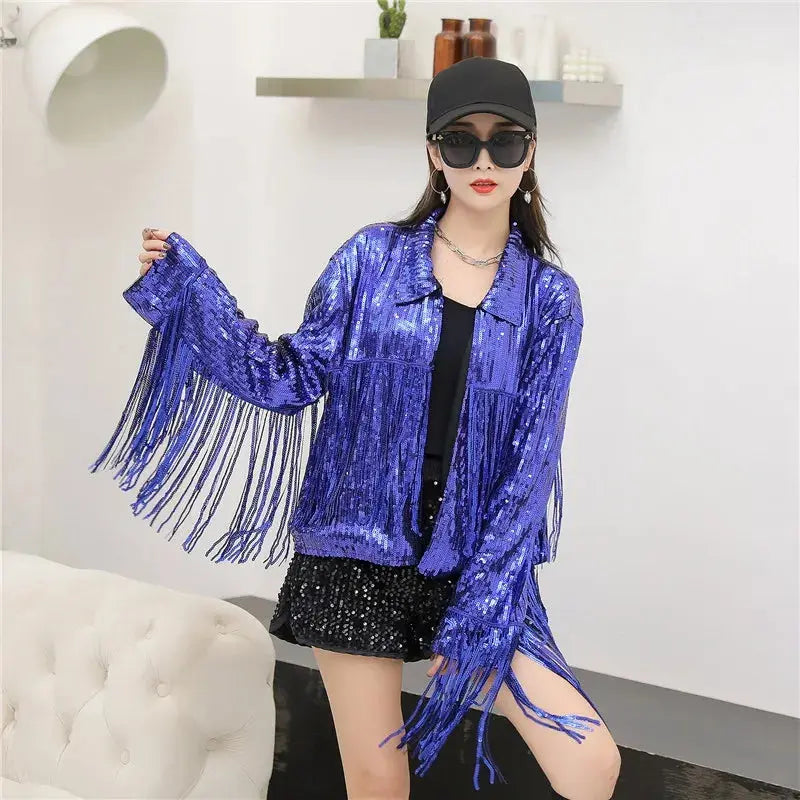 Hip Hop Jazz Dance Costume coat varsity cropped fringed custom Sequin blazer bomber Jacket for women My Store