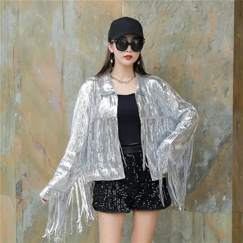 Hip Hop Jazz Dance Costume coat varsity cropped fringed custom Sequin blazer bomber Jacket for women My Store