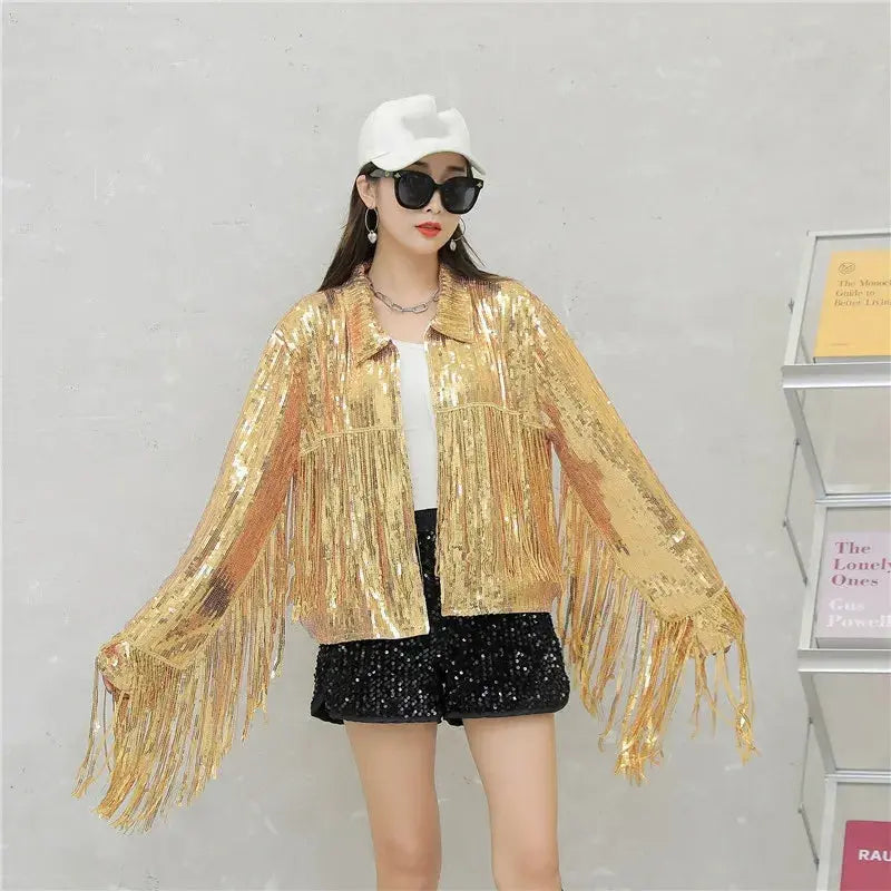 Hip Hop Jazz Dance Costume coat varsity cropped fringed custom Sequin blazer bomber Jacket for women My Store