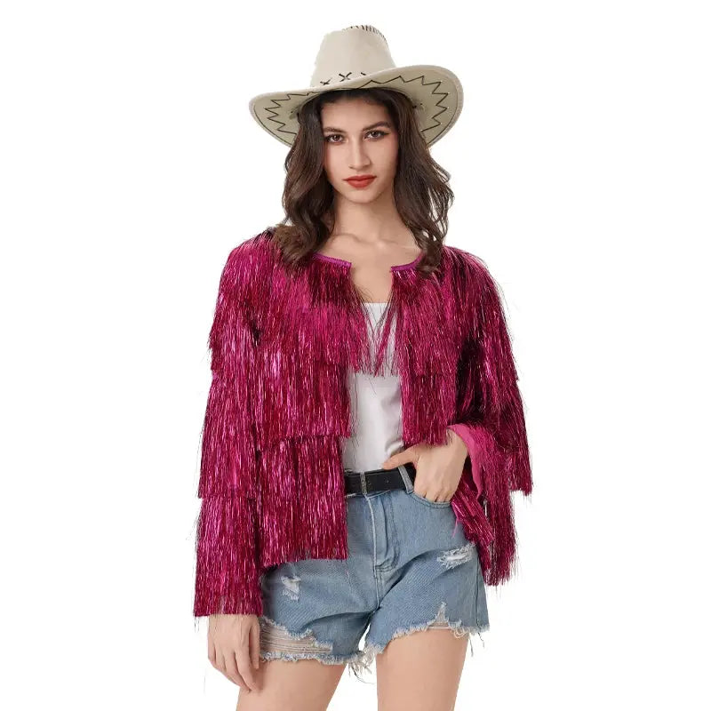 Jacket Women Coat Club Coat Long Sleeve Trendy Fashion Sequins Tassel Jacket festival open front carnival Natalia Home Fashion fuchsia-L-CHINA Natalia Home Fashion