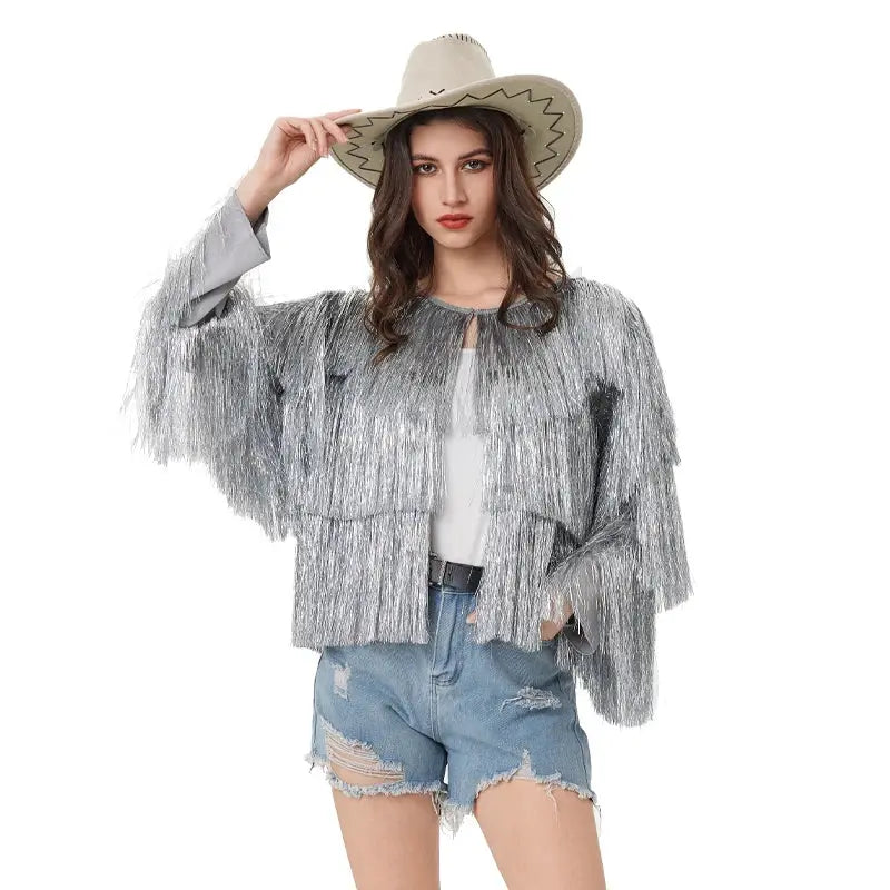 Jacket Women Coat Club Coat Long Sleeve Trendy Fashion Sequins Tassel Jacket festival open front carnival Natalia Home Fashion silver-L-CHINA Natalia Home Fashion